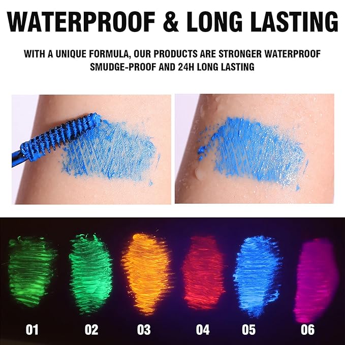 6 Colors Matte Liquid Mascara Set Colorful UV Neon Mascara Pencil Pigmented Waterproof Smudgeproof Long Lasting Eye Liner Xmas Christmas Festival Makeup Gift Kit for Women
