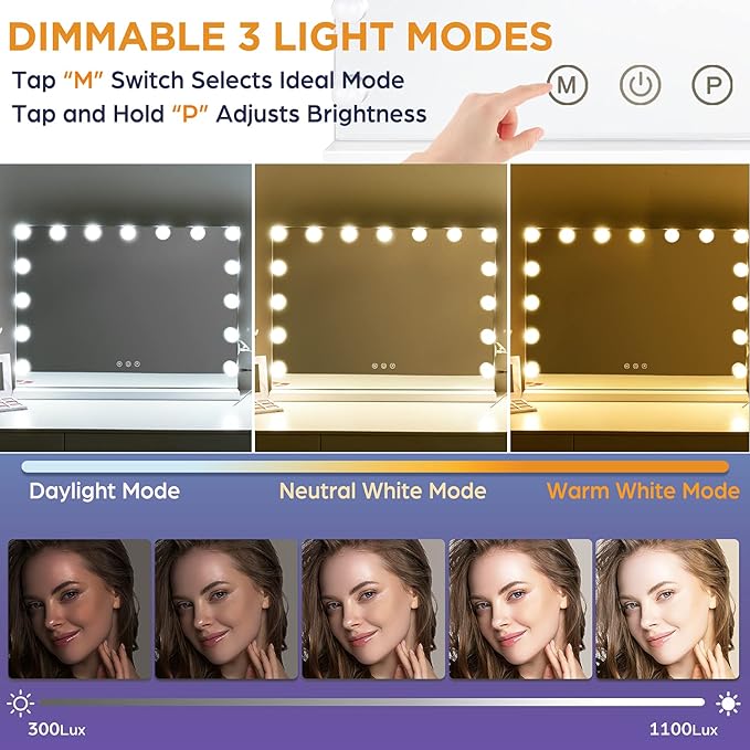 M MIVONDA Hollywood Vanity Mirror with Dimmable 15LED Bulbs Lights 3 Lighting Modes 2in1 Large Lighted Makeup Mirror for Desk and Wall with Plug-in and USB Charger Port