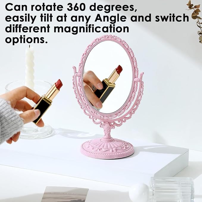 AKOAK 1 Pack Desktop Makeup Mirror, Oval Desk Makeup Mirror, Double-Sided 360-degree Rotating Makeup Mirror Bathroom Bedroom Makeup Mirror, Travel Mirror Suitable for Women (Pink)