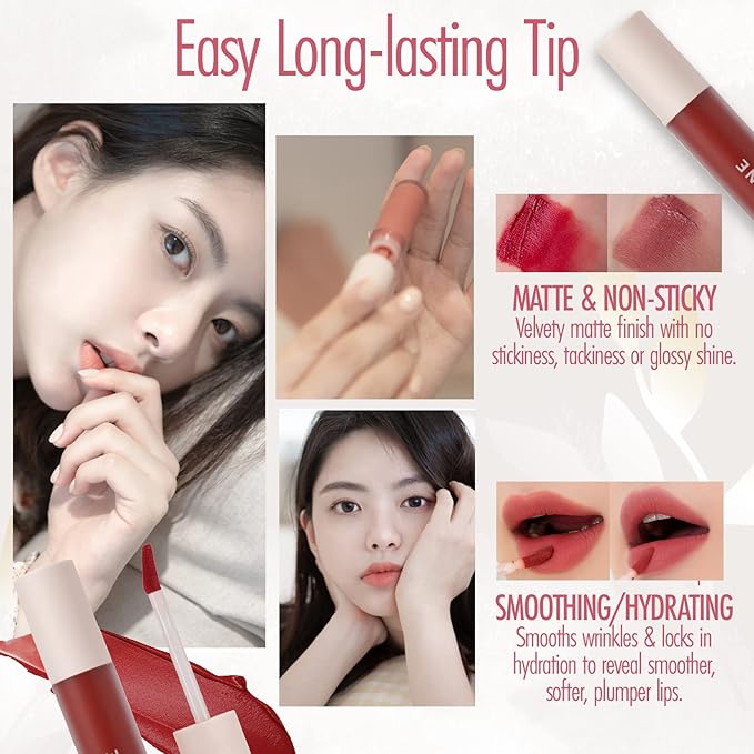 ALLIONE Korean Lip Tint Balm, Velvet Matte Tint Stain, Moisturizing Hydrating Cream for Soft Lips, Smudge-proof Color