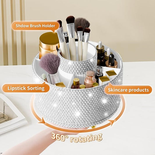 Bling 360° Rotate Makeup Brush Holder Organizer, Makeup Organizers Countertop, Makeup organization and Skincare Storage for Vanity, Gift for Women Girls (Bling dz-White)