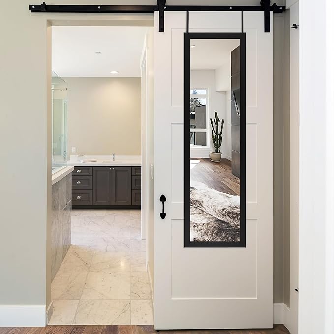 Americanflat 12x48 Over The Door Mirror - Hanging Full Length Mirrors with Engineered Wood - Modern Mirror for Bathroom, Bedroom, Living Room - Mirrors for Wall Display and Home Decor - Black