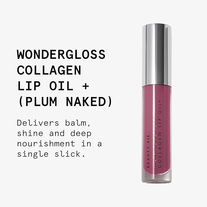 Beauty Pie Wondergloss Collagen Lip Oil + (Plum Naked) – Hydrating, Plumping, Non-Sticky Gloss with Collagen AC Micro-Vectors & Cherry Oils