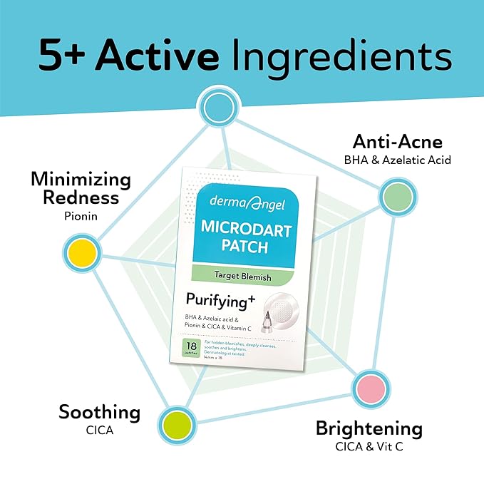 Microdart Acne Patches for Deep Blemishes - 18 Dots - Hydrocolloid Pimple Patch with Salicylic Acid, Azelaic Acid, CICA & Vitamin C - Targets Stubborn Blemishes, Dark Spots & Cystic Acne