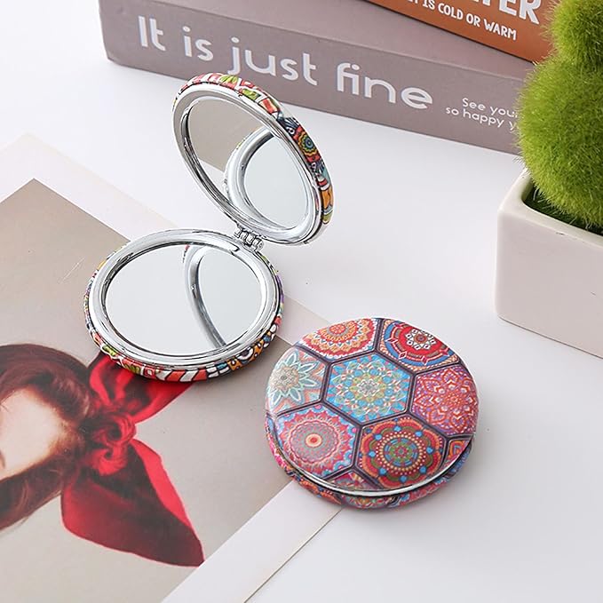 6 PCS Mixed-Color Bohemian Folding Makeup Mirror Portable Round Bread Mirror Thick Double Sided Pu Pocket Mirror