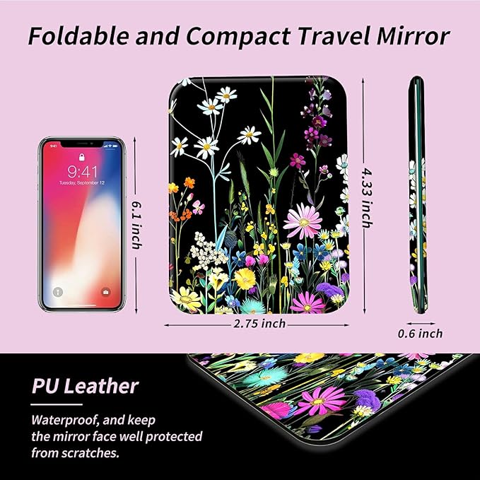 Beautiful Wildflowers Small Folding Travel Mirror Vanity Mirror 4.3"x2.75" PU Leather Portable Adjustable Rectangular Ultrathin Makeup Mirror,for Travel, Camping,Home