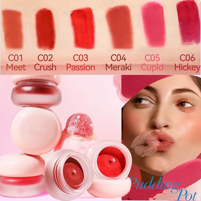 Pudding Pot for Lip and Cheek,Soft Matte Blush Blurry Makeup Lipstick Multi-Use Natural Glow Face Blush Buildable Lip Tint High Pigment Long-Lasting (04#+06#)