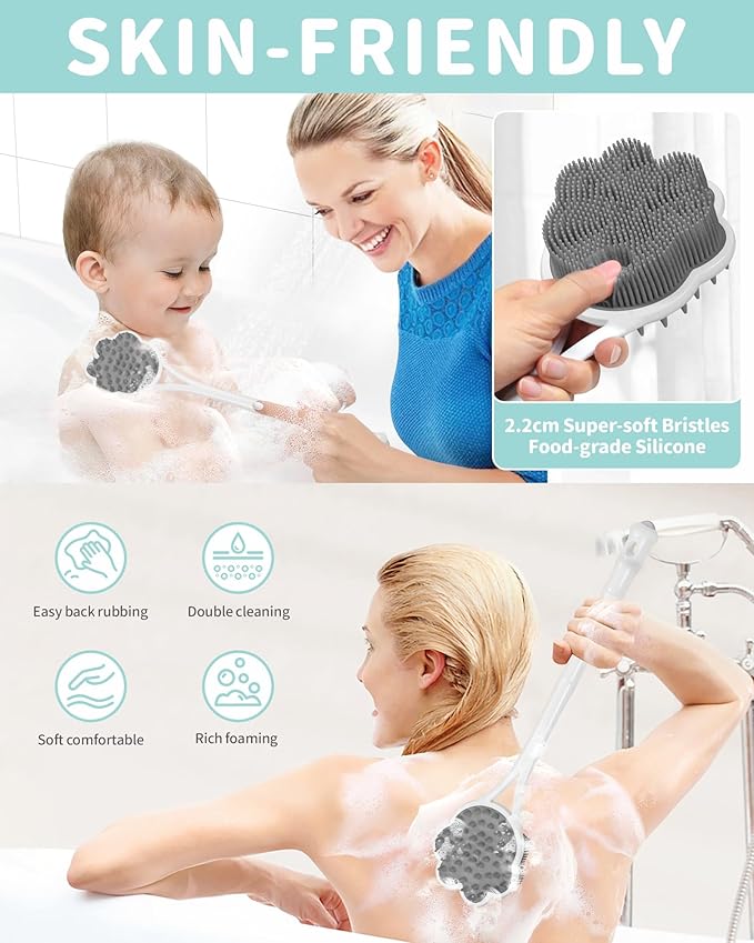 Manmihealth 15.7" Cute Silicone Back Scrubber with Long-Handle, Dual Use Back Brush for Shower with Super-Soft Silicone Bristles, Paw-Shaped Shower Body Scrubber for Sensitive Skin (Gray)