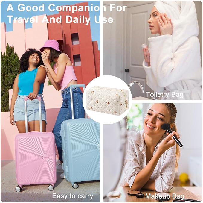 Gleyemor Small Quilted Makeup Bag for Women, Cute Floral Bow Cosmetic Bag, Emergency Bag Travel Toiletry Cotton Pouch Gifts for Girls Her Mom Friend Sister Bridesmaid (White Floral)