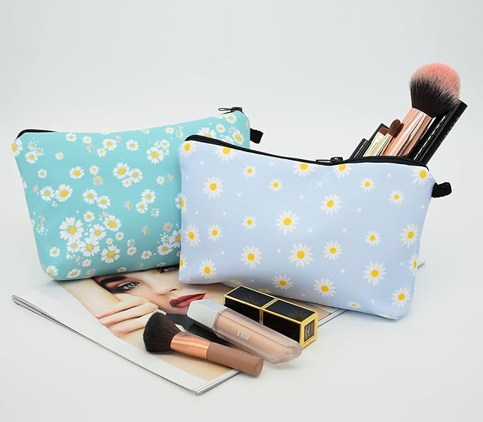2 Pcs Cosmetic Bag for Women Small Make Up Bag Waterproof Travel Toiletries Pouch with Zipper for Organizing Small Items, Gift Bags for Birthday Christmas(Daisy Flower 2)