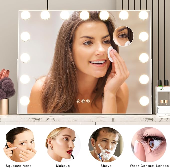 Manocorro 23x18 Inch 15 LED Bulbs, Vanity Mirror with Lights Hollywood Makeup Mirror, Large Vanity Lighted Mirror with 15 LED Bulbs
