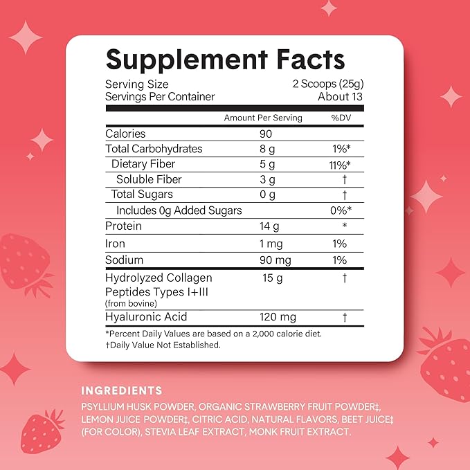 Bellway Super Fiber Powder + Collagen, Sugar-Free Psyllium Husk Powder with Collagen Peptides and Hyaluronic Acid for Gut Health, Healthy Skin, Nails, Bones & Joints, Strawberry Lemonade (11.46 oz)