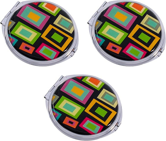 Stephanie Imports Set of 3 Double Sided Magnifying Compact Slim Mirrors with Printed Insert (Circle - Retro Squares)
