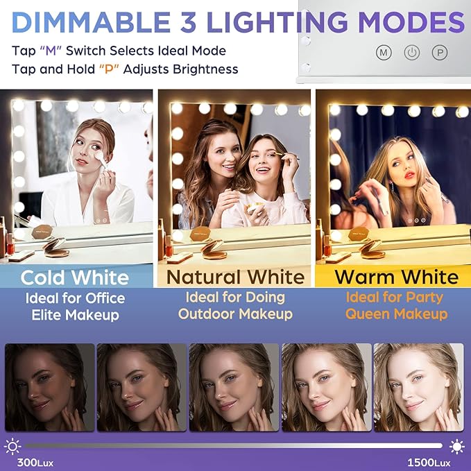 M MIVONDA Hollywood Vanity Mirror with 18 Bulbs Lights, Large Lighted Makeup Mirror for Desk and Wall, Dimmable 3 Lighting Modes, Plug-in & USB Charger Port, White