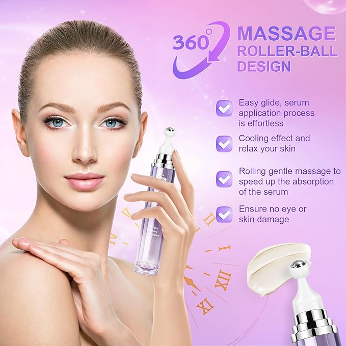 5% Caffeine Eye Cream for Dark Circles Under Eye Treatment Eye Serum for Wrinkles Fine Lines, Retinol Eye Care Eye Cream for Puffiness and Bags Eye Serum with 360° Massage Roller-Ball (Light Purple)