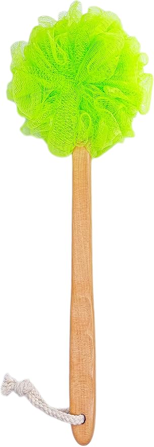 Shower Loofah Body & Back Scrubber - Exfoliating Loofah Bath Brush On a Stick - With Long Wooden Handle Back Brush For Men & Women - Easy Reach Body Wash & Lotion Applicator（Green）