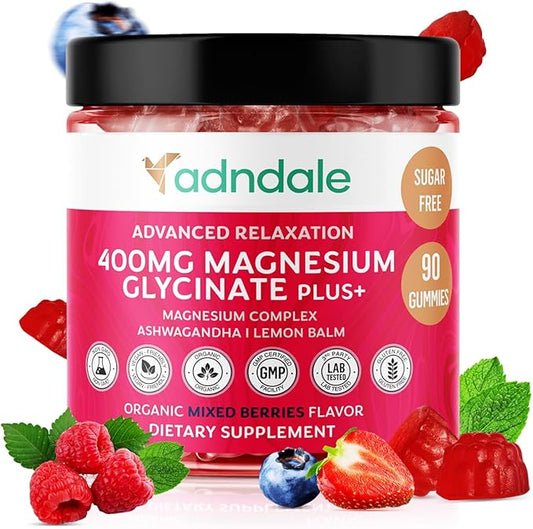 Adndale 90 CT Magnesium Glycinate Gummies 400 mg/Serv with Ashwagandha, Magnesium Malate & Taurate, Sugar Free Chews for Adults & Kids Relaxation, Stress Relief, Night Rest, Muscle & Cardio Support