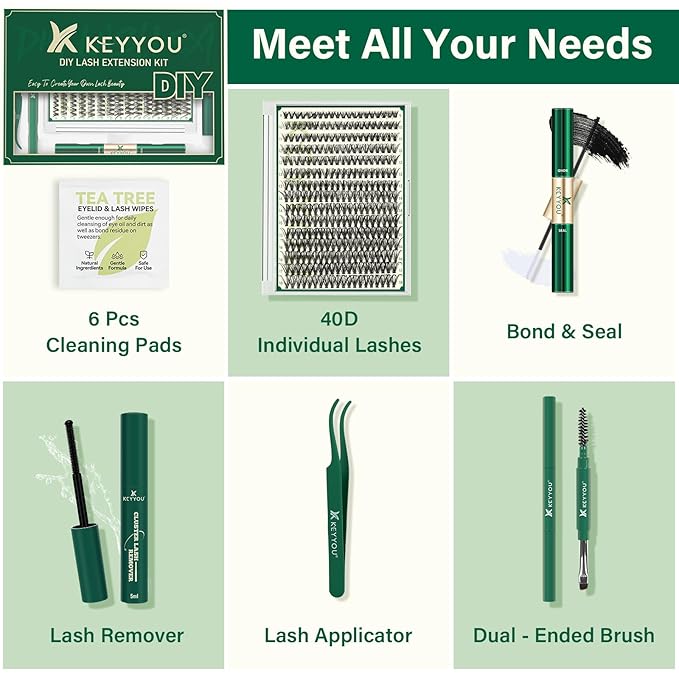DIY Lash Extension Kit KEYYOU 300Pcs Individual Eyelash Extension Kit 40D 0.07D Curl 9-18MIX Lash Clusters Kit with Lash Glue Remover Applicator Easy to Use for Beginners(Kit-40D-0.07D,9-18MIX)