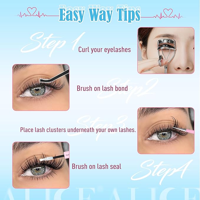 ALICE Natural Lash Clusters Kit Cluster Eyelash Extension Kit Left & Right Fluffy Wispy DIY Lash Extension Kit 144pcs 3D Anime C-Curly Eyelash Clusters Kit with Lash Glue Bond and Seal and Tweezers