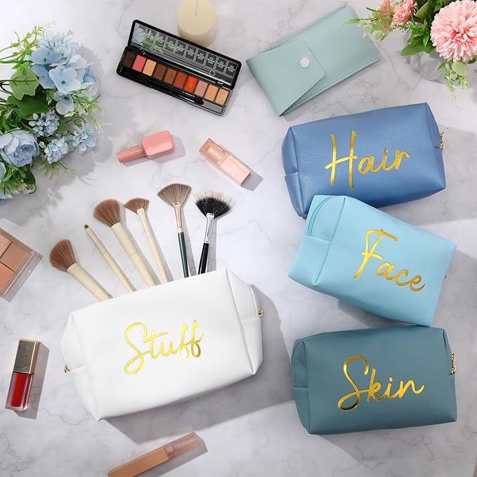 Aliceset 4 Pcs Preppy Makeup Bags Set Cute Travel Cosmetic Pouch Face Skin Hair Stuff Aesthetic Makeup Bags, PU Leather Waterproof Zipper Toiletry Pouch Gifts for Women Girl(Aqua Blue)