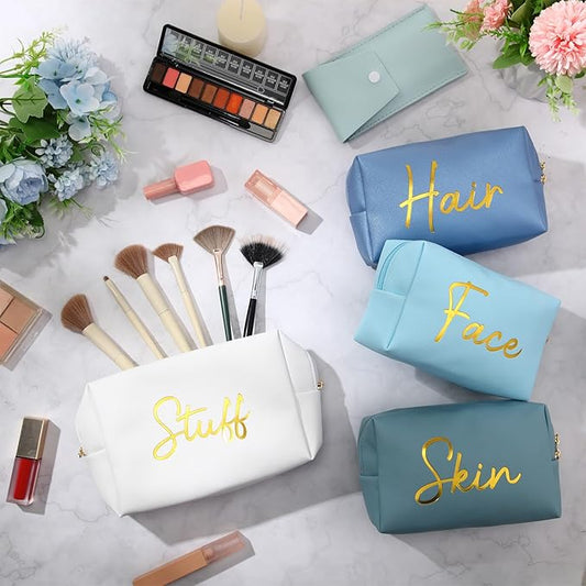 Aliceset 4 Pcs Preppy Makeup Bags Set Cute Travel Cosmetic Pouch Face Skin Hair Stuff Aesthetic Makeup Bags, PU Leather Waterproof Zipper Toiletry Pouch Gifts for Women Girl(Aqua Blue)