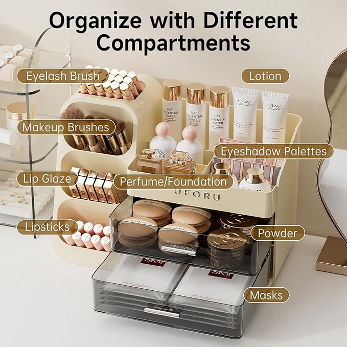 Makeup Organizer for Vanity, Countertop Organizer With Drawers, Spacious Cosmetic Display Case for Beauty Essential, Skincare, Lipstick, Cream White