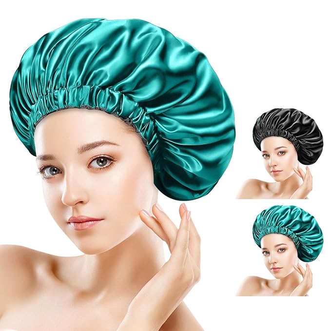 2PCS Silk Sleeping Bonnet，Double Layer Satin Bonnet for Women，Adjustable Silk Hair Cap, Shower Cap, Ideal Gift (Black+Blue)