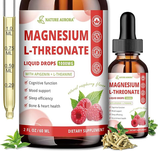 Magnesium L-Threonate Liquid Drops with Apigenin & L-Theanine, High Absorption Magnesium Threonate Supplement for Sleep, Brain Health and Cognitive Function, Raspberry Flavor, 60ML