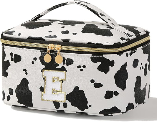 Meiyuuo Personalized Makeup Bag for Teen Girls Gifts Cute Cosmetic Bags Large Chenille Letter Bag Travel Pro Pouch Toiletry Organizer for Women Trendy Stuff with Divider and Handle Cow Print E