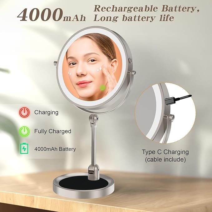 9" Large Lighted Makeup Mirror with 1X/10X Magnification, 4000mAh Rechargeable Vanity Mirror with Height Adjustable & 3 Color Dimmable Lights, 360°Swivel Double Sided Tabletop Cosmetic Mirror