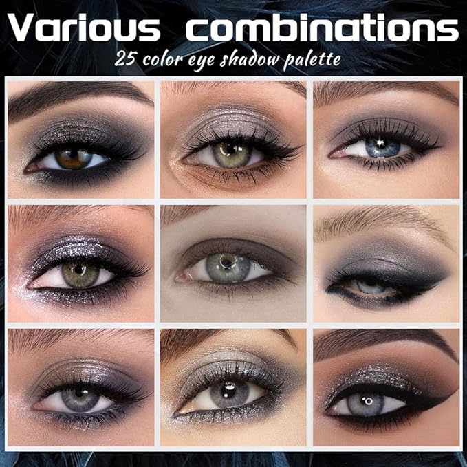 25-Color Black Matte & Shimmer Eyeshadow Palette – High Pigmented Silver Cool Smoky Pearlescent Dark Shades for Goth Makeup, No Fading, No Smudge, Long Lasting Waterproof