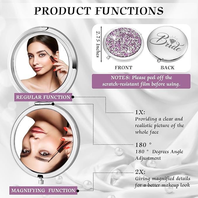 Barydat 10 Pieces Bridesmaid Gifts Set Magnifying Compact Mirror Bride I Do Crew Bridesmaid Proposal Gifts Travel Small Mirror for Purse Makeup Pocket Mirror for Women Wedding Party(Purple)