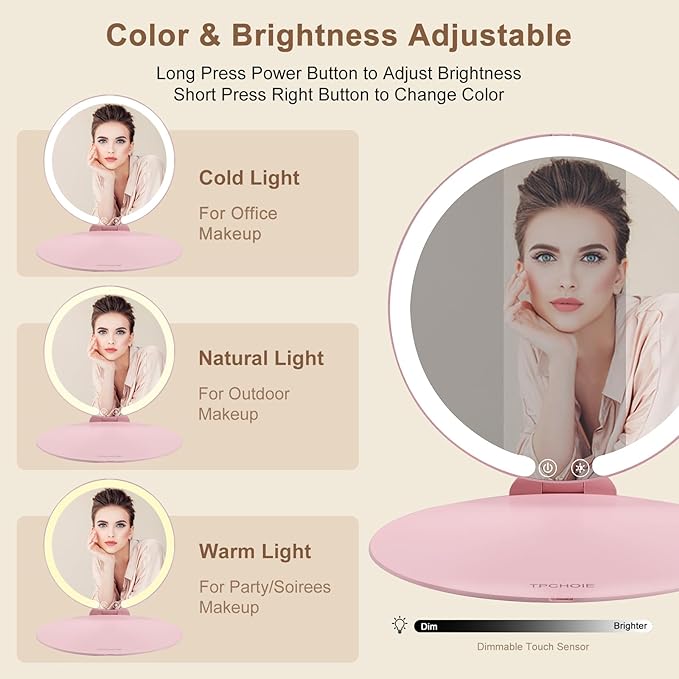 Pink Vanity Mirror with Lights and Removable 10X mirror,extendable travel makeup mirror with angle & height Adjusting Stand,Rechargeable collapsible mirror with 3 Light Colors & Stepless Dimming