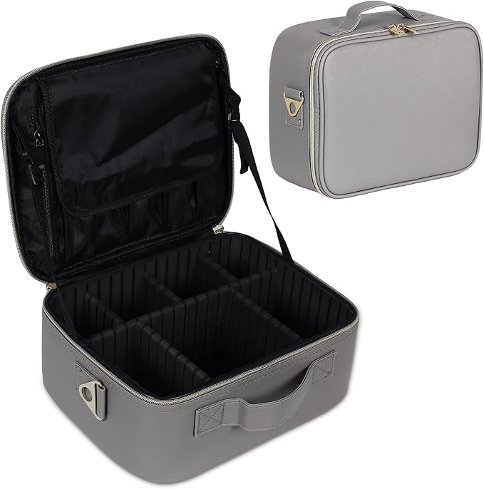 Makeup Travel Case, 12 Inch Makeup Organizer Bag with with Compartment and Dividers, Portable Cosmetic Bag with Brush Storage Sturdy Dual Zip Closure (Gray)
