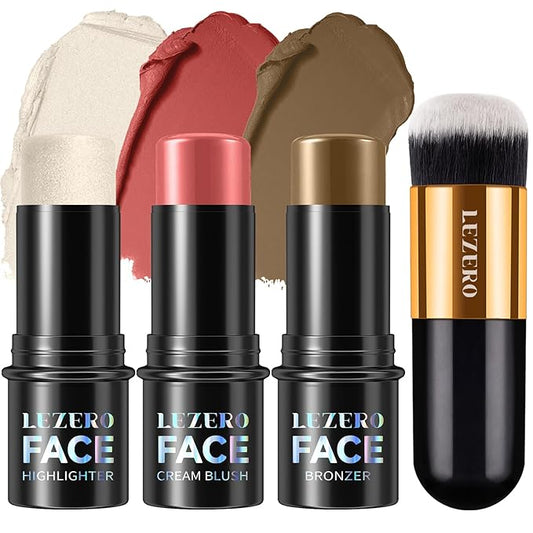 Lezero 3Pcs Contour Stick Makeup Kit, Shades with Highlighter, Blush and Bronzer Trio for Sculpt the Cheeks and Body, Long Lasting,Waterproof, Dewy & Matte Finish, MEDIUM TAN (18,21,24)