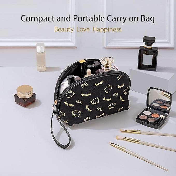 AmBealla Small Cosmetic Bag Portable Storage Bag for Women,Cute Compact Travel Makeup Bag for Keys and Phone, Black Hot Stamping Pattern Cotton Organizer with Wristband,Portable Mini Bag for Girls