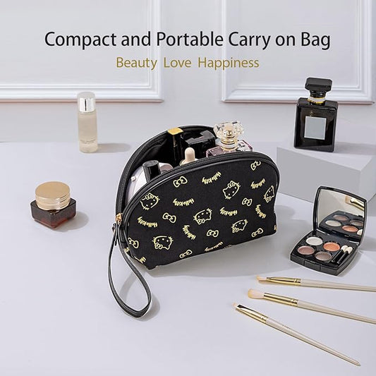 AmBealla Small Cosmetic Bag Portable Storage Bag for Women,Cute Compact Travel Makeup Bag for Keys and Phone, Black Hot Stamping Pattern Cotton Organizer with Wristband,Portable Mini Bag for Girls