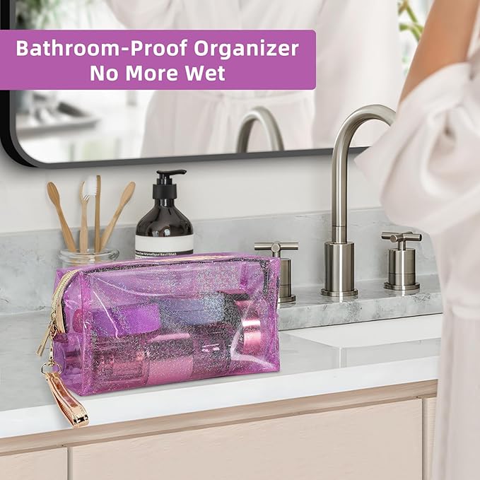 Clear Colorful Makeup Bag, Thick PVC Small Clear Toiletry Bag for Travel, Waterproof Cosmetic Bag with Durable Zipper & Detachable Strap, Cute Transparent Pouch Organizer for Women, 7.1×4×3 In Purple