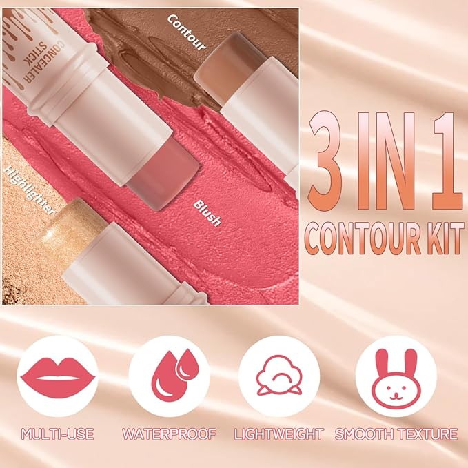3Pcs Cream Contour Sticks Kit, Highlighter Stick Blush Stick Cream Contour Kit Makeup Set with Brush,Face Brightens & Shades Contour Stick Waterproof for Women Girls(9507-03-06-11, B)