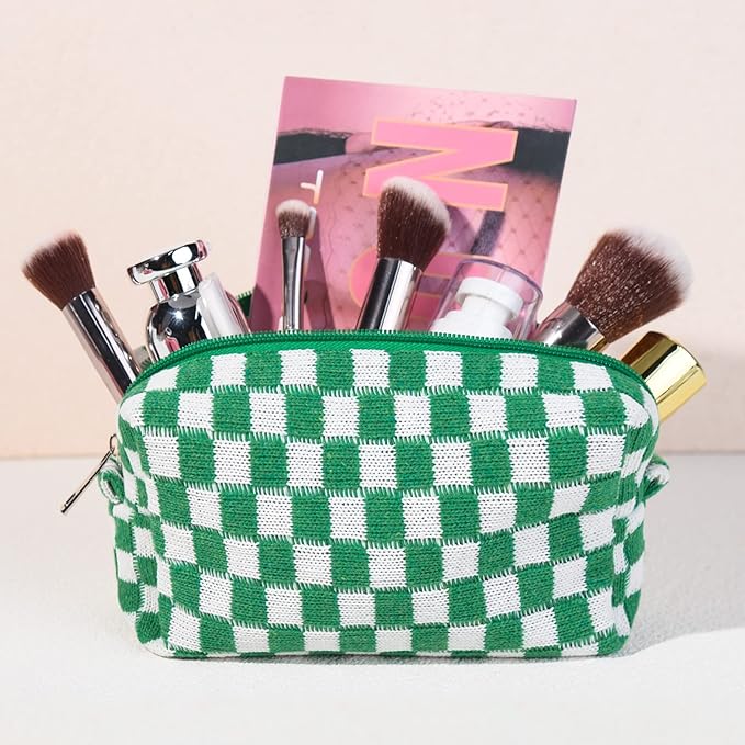 6 Pcs Preppy Makeup Bag Checkered Cosmetic Bag Bulk Green Makeup Pouch Personalize Travel Toiletry Bag Organizer Cute DIY Makeup Brushes Storage Bag for Women