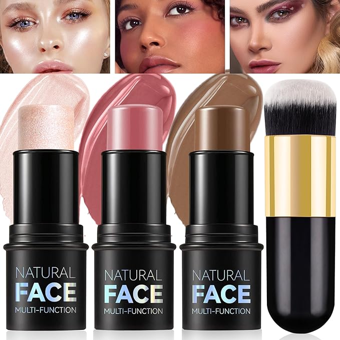 3Pcs Cream Contour Kit - Cream Blush, Highlighter, Contour Bronzer for Cheeks, Waterproof Long Lasting Blendable, Contour Stick Trio for Face Makeup (#02, 05, 06)