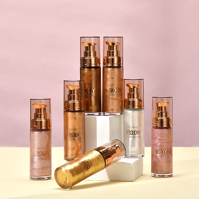 MAEPEOR Body Luminizer 6 Colors Waterproof Smooth Shimmer Face Glow Illuminator Non-sticky Liquid Highlight (30 ML, 05 Champagne Gold)