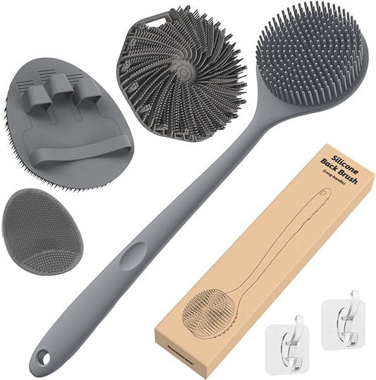 Manmihealth Silicone Back Scrubber & Soft Bath Glove Set 4 PCS(Thin Bristles), Super-Exfoliating Body Scrubber & Super-Lathering Shower Brush Combination, with 2 Free Hooks (Gray)