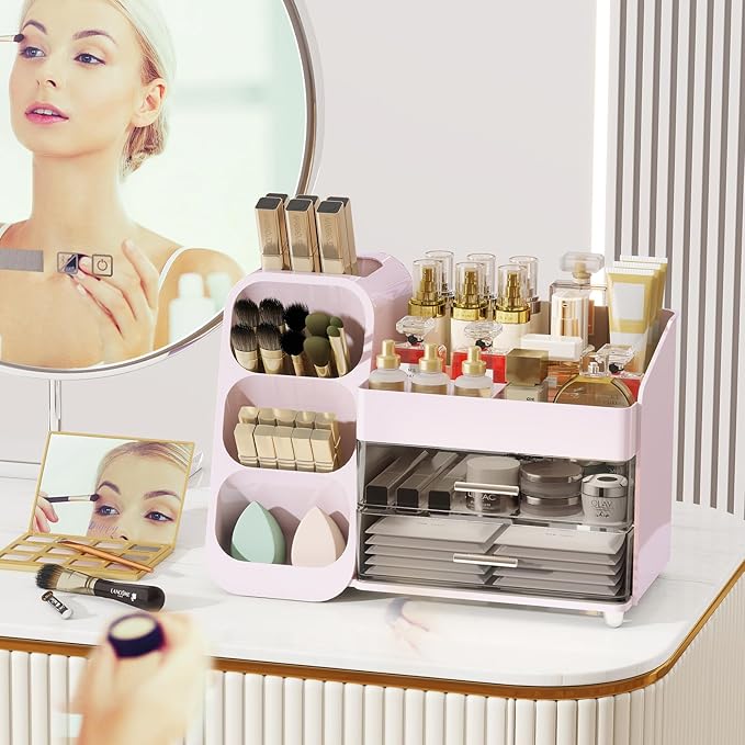 Makeup Organizer with Drawers for Vanity, Make Up Storage Kit, Spacious Cosmetic Display Case, Perfect Storage Solution for Beauty Essentials (Pink)