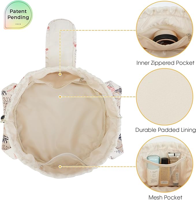 Barrel Drawstring Makeup Bag Large Floral Cosmetic Bag Make up Bags Toiletry Organizer for Women and Girls (Beige Flamingo) (Patent)