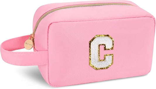 Aveniee Monogram Makeup Bag for Women,Personalized Organizer Bag With Handle,Cute Cosmetic Travel Toiletry Bag,Halloween Christmas Birthday Gifts for Daughter or Best Friend-Pink C