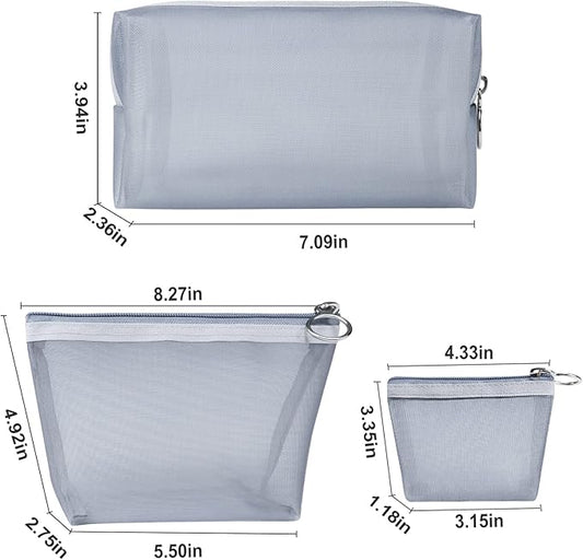 Aosbos 3-Pack Mesh Cosmetic Bag Set - Travel/On-The-Go Makeup Storage, Zipper Closure Small Pouch