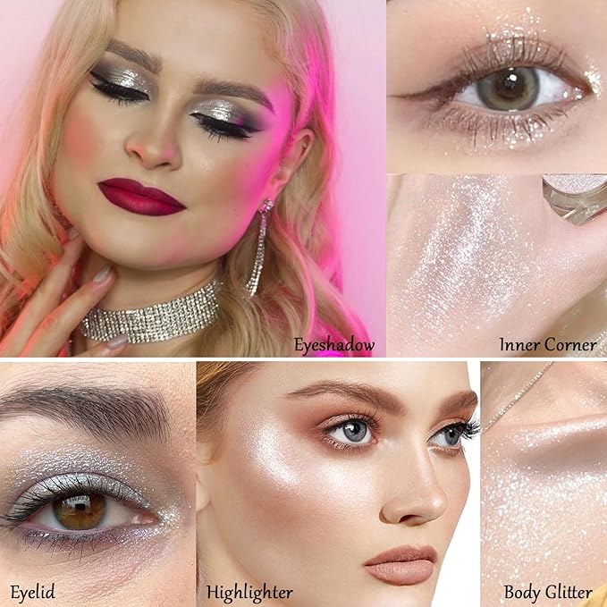 Afflano Shimmery White Glitter Eyeshadow, Highly Pigmented Single White Eyeshadow Sparkly Eye Makeup, Long Lasting Holographic White Eyes Highlighter Makeup, Cruelty Free,Talc Free, 1A