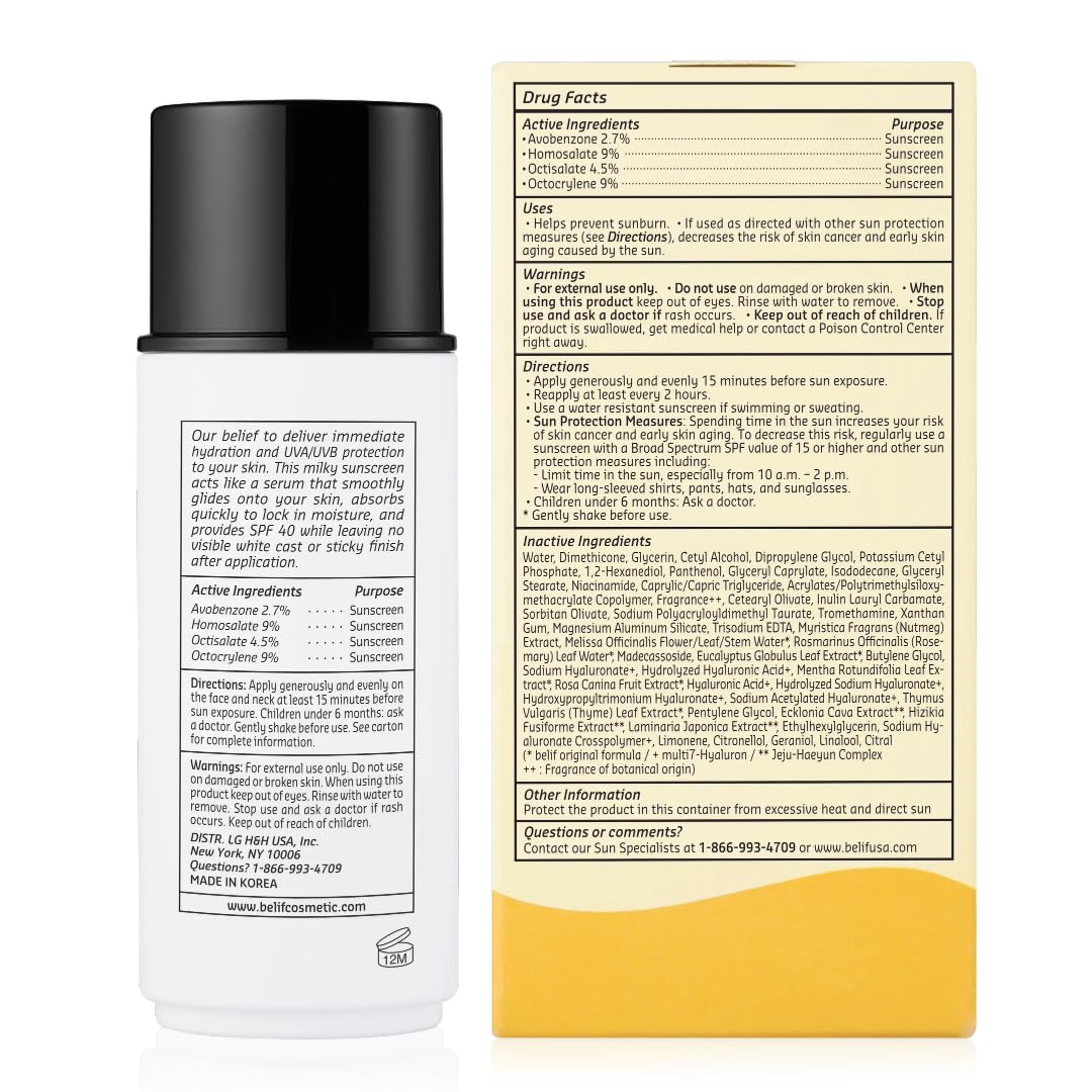 belif Milky Niacinamide Sunscreen SPF 40 – Lightweight & Invisible Sun Serum for Face with 7 Types of Hyaluronic Acid | No White Cast, Non-Comedogenic, Hydrating, Makeup-Gripping Primer (1.69 fl.oz)