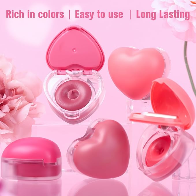 Heart-Shaped Cream Blush for Cheeks & Lips – 2-in-1 Tinted Lip and Cheek Balm Kit with Mini Brush – Blendable Dewy Blusher Face Makeup for Women, Portable Compact for Travel & On-the-Go Touch Ups 06